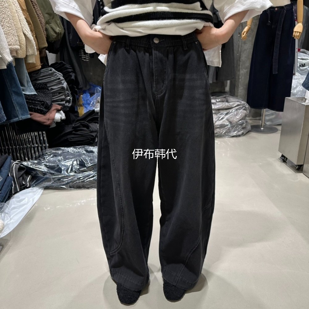 松紧腰休闲时尚剪裁直筒裤牛仔裤