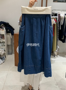 TEMPTING韩国东大门正品代购26夏 深色休闲大口袋半裙长裙牛仔裙