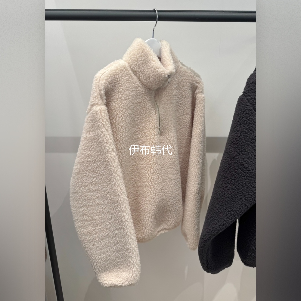 立领拉链仿羊羔毛绒宽松短外套女
