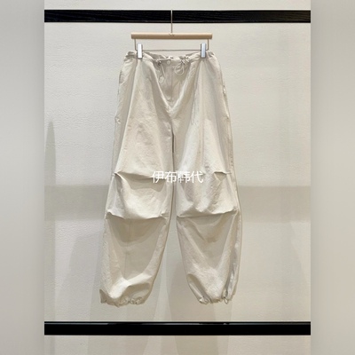 松紧腰纯色膝盖褶皱工装裤长裤