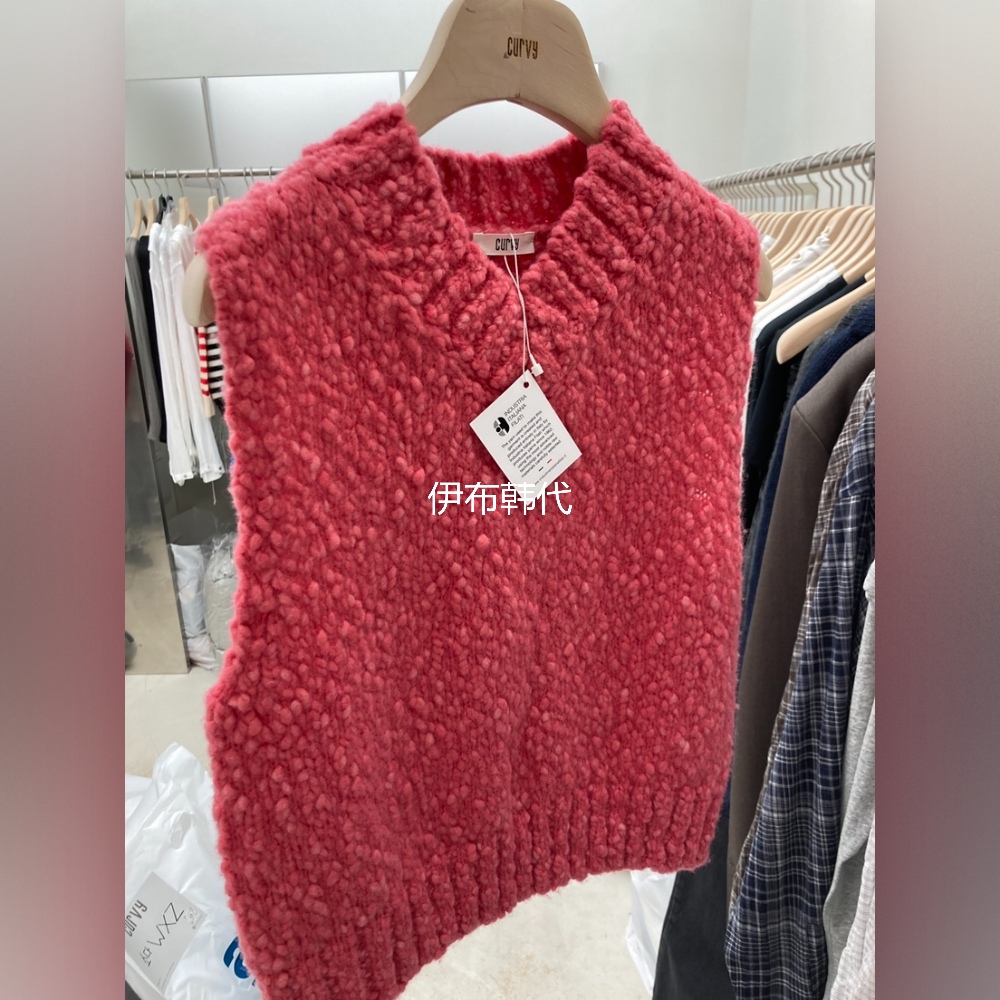 V领粗颗粒球球针织马夹套头坎肩