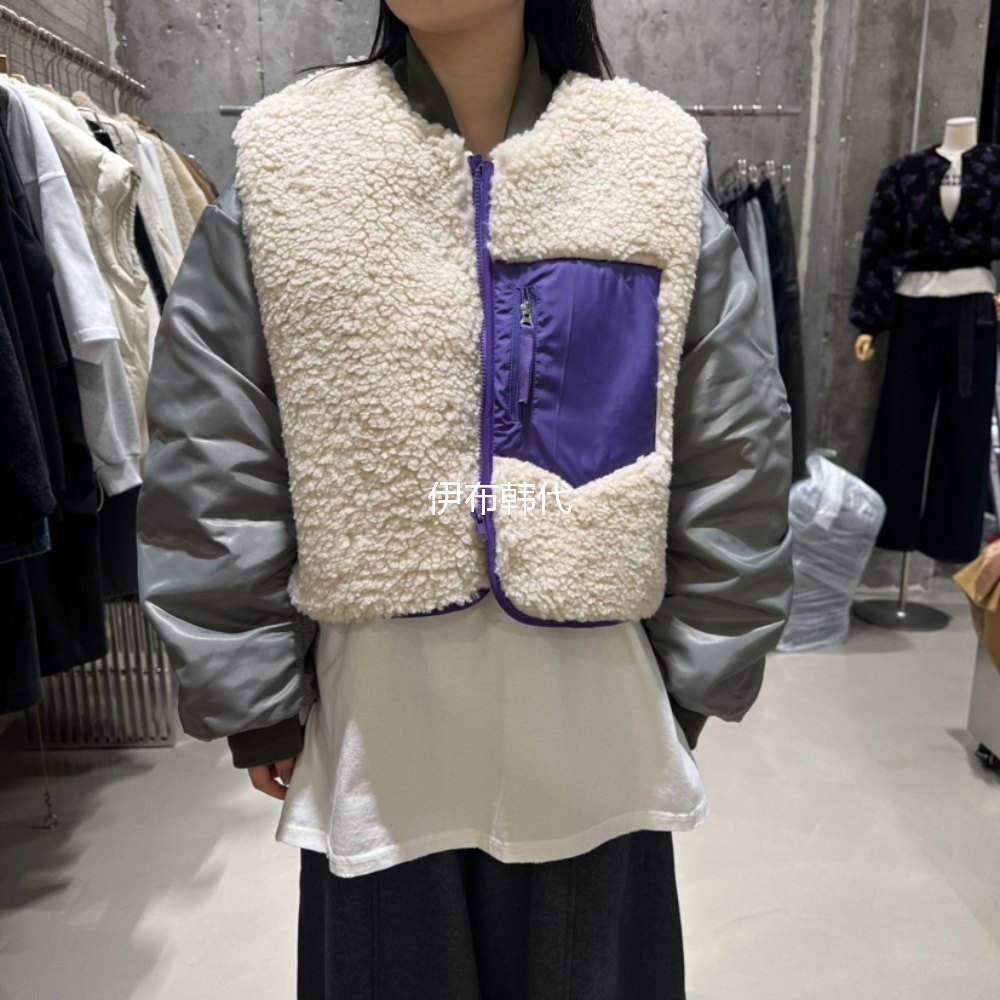 仿羊羔毛绒拼接短款棉服夹克外套