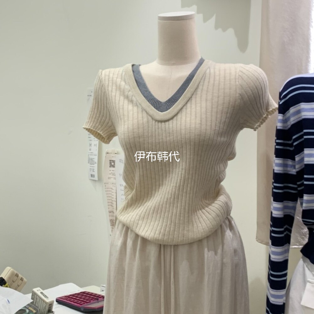 BY BOMI韩国东大门正品代购26春款 V领螺纹修身层叠短袖针织衫T恤