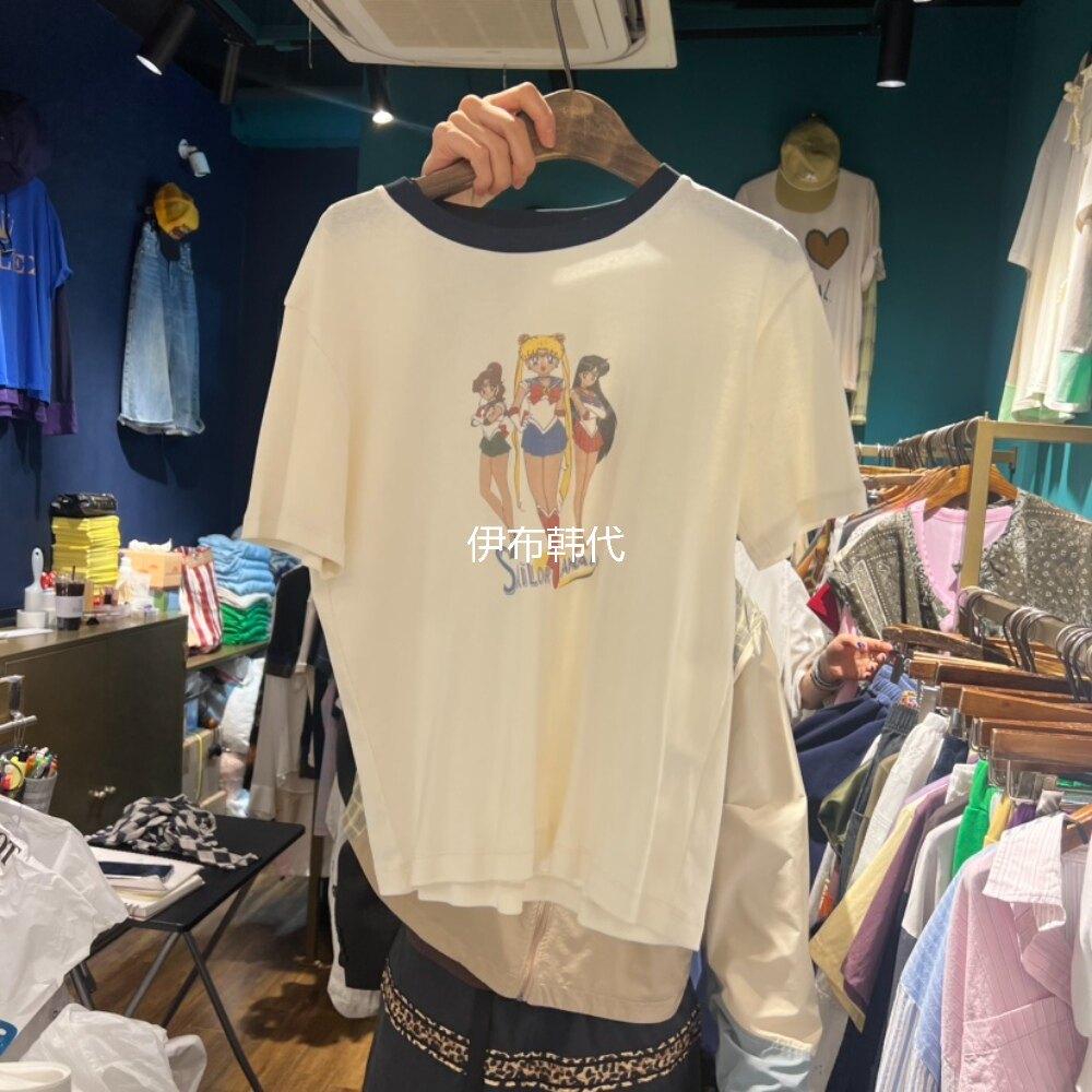MERCI LINDA韩国东大门代购26春款 圆领水洗做旧卡通少女短袖T恤