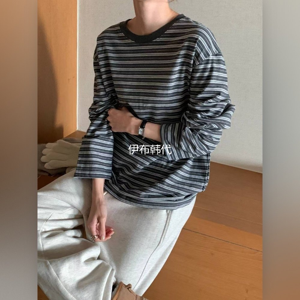 伊布 韩国东大门正品代购26春款 圆领休闲简约条纹宽松长袖T恤,女装/女士精品,T恤,淘宝优惠券,粉丝福利购,淘宝优惠卷