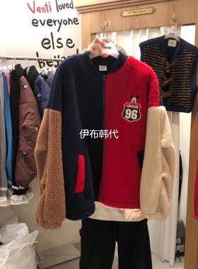 VENTI韩国东大门正品代购冬款 圆领拼色拼接仿羊羔毛绒老鼠外套