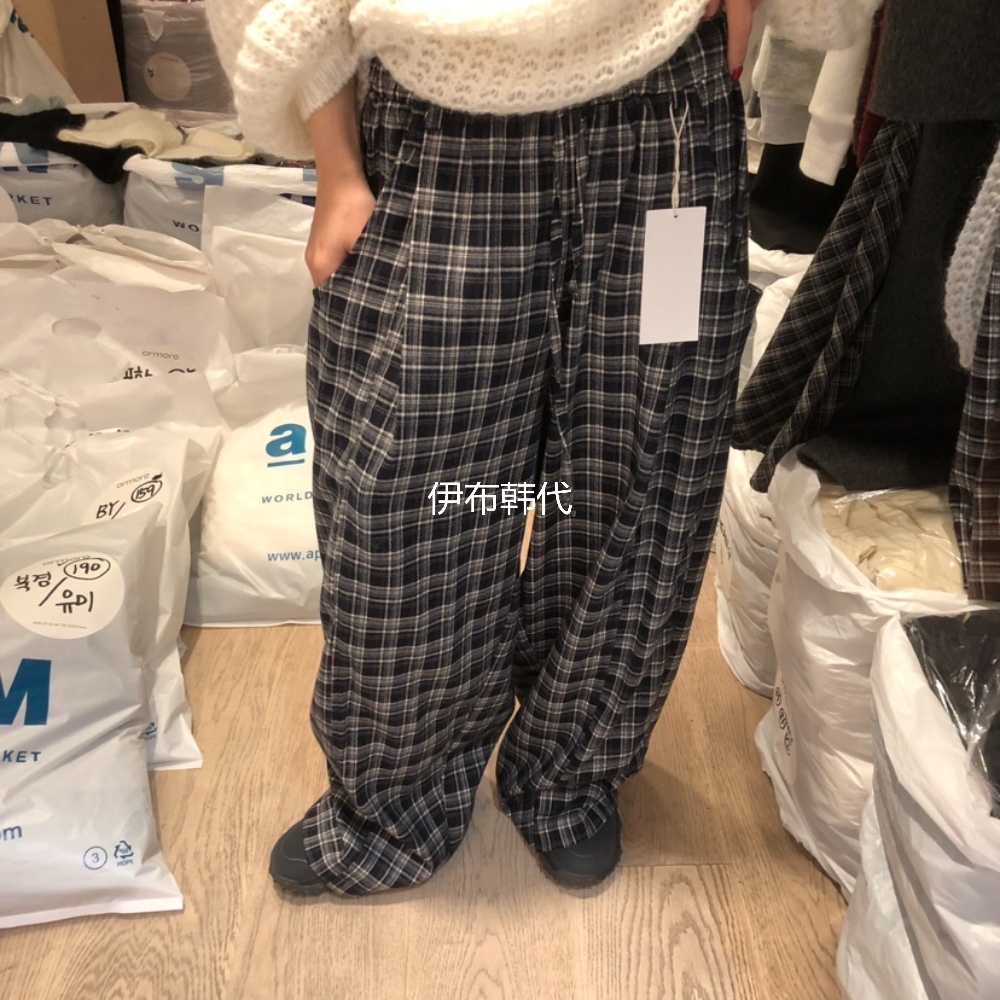 松紧腰抽绳格子宽松毛呢直筒裤