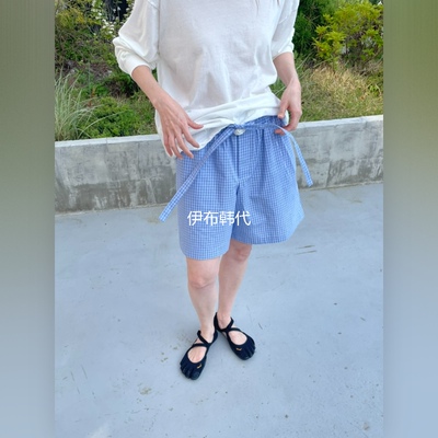 松紧腰格子抽绳宽松短裤