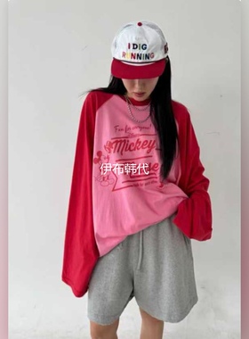 VOTUS韩国东大门正品代购26春 圆领插肩字母卡通老鼠中长宽松T恤