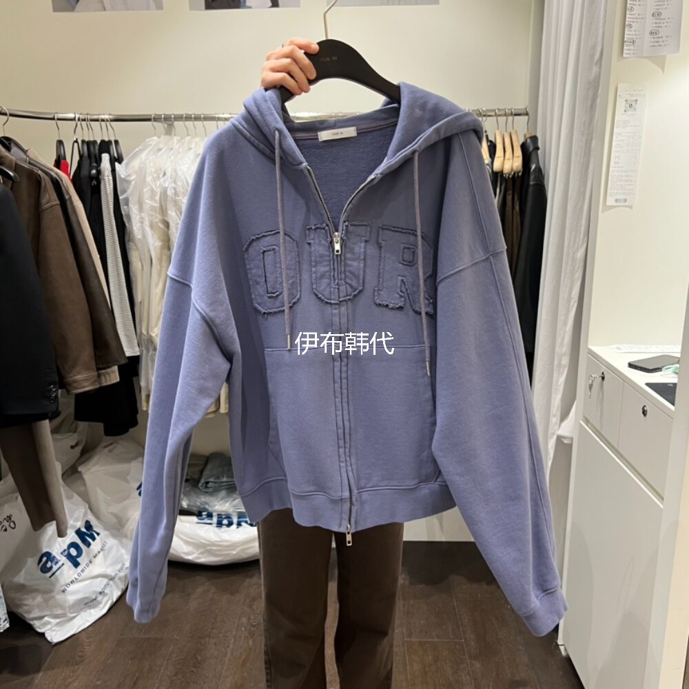 OURIN/THIS IS韩国东大门正品代购26春 连帽贴布字母做旧卫衣外套