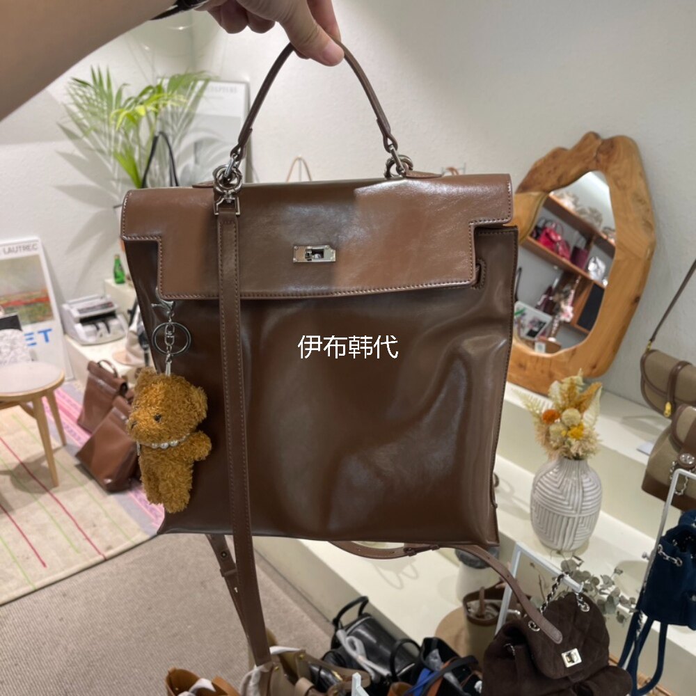 伊布 韩国东大门正品代购新款 真皮牛皮亮面双肩包大容量女包皮包
