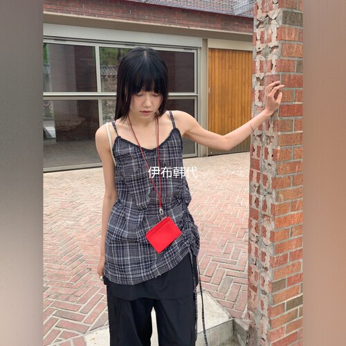 夏款V领格子抽绳吊带背心