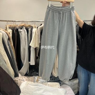 松紧腰纯色抽绳加绒宽松休闲卫裤