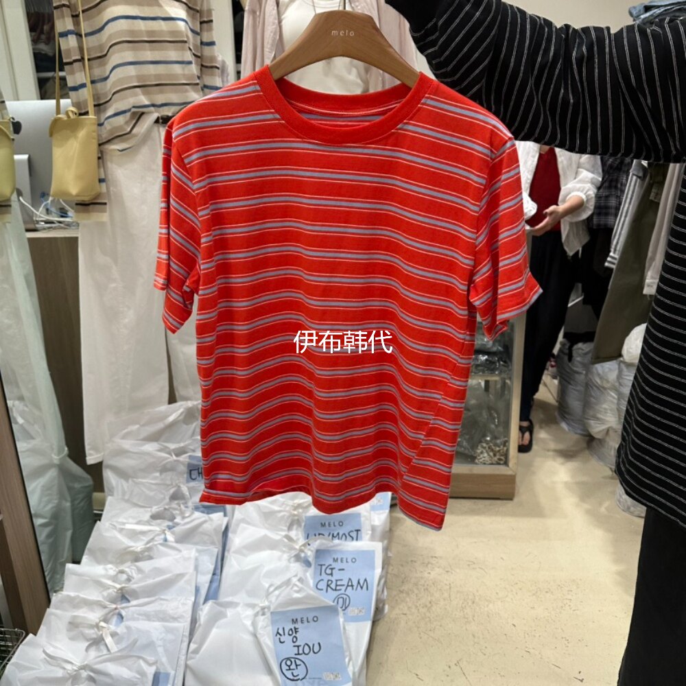 MELO韩国东大门正品代购26夏款 圆领休闲彩色条纹时尚短袖T恤女