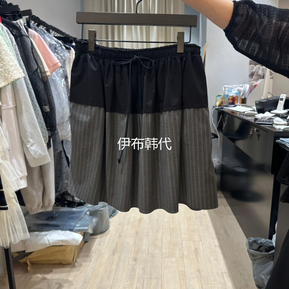 SOFTNESS韩国东大门正品代购25春款 松紧腰条纹拼接宽松休闲短裙