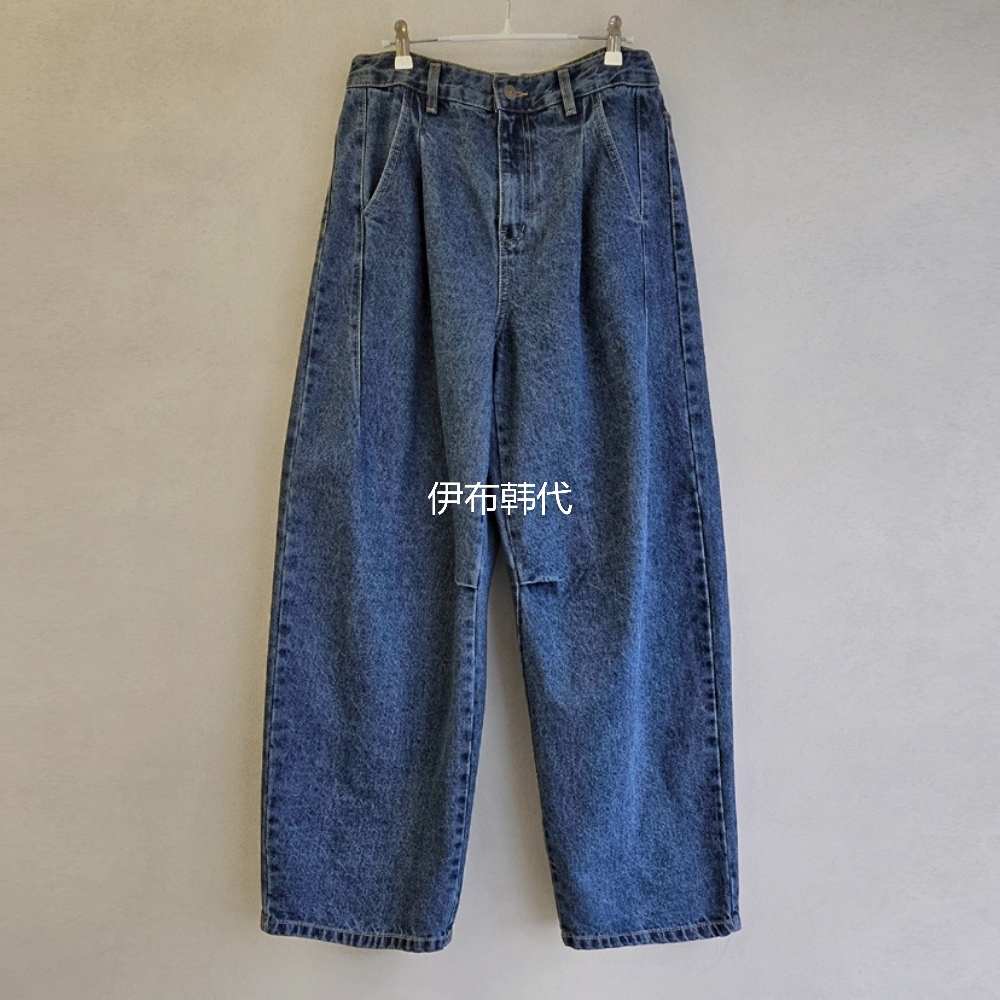 裤腰纽扣调节休闲直筒裤牛仔裤