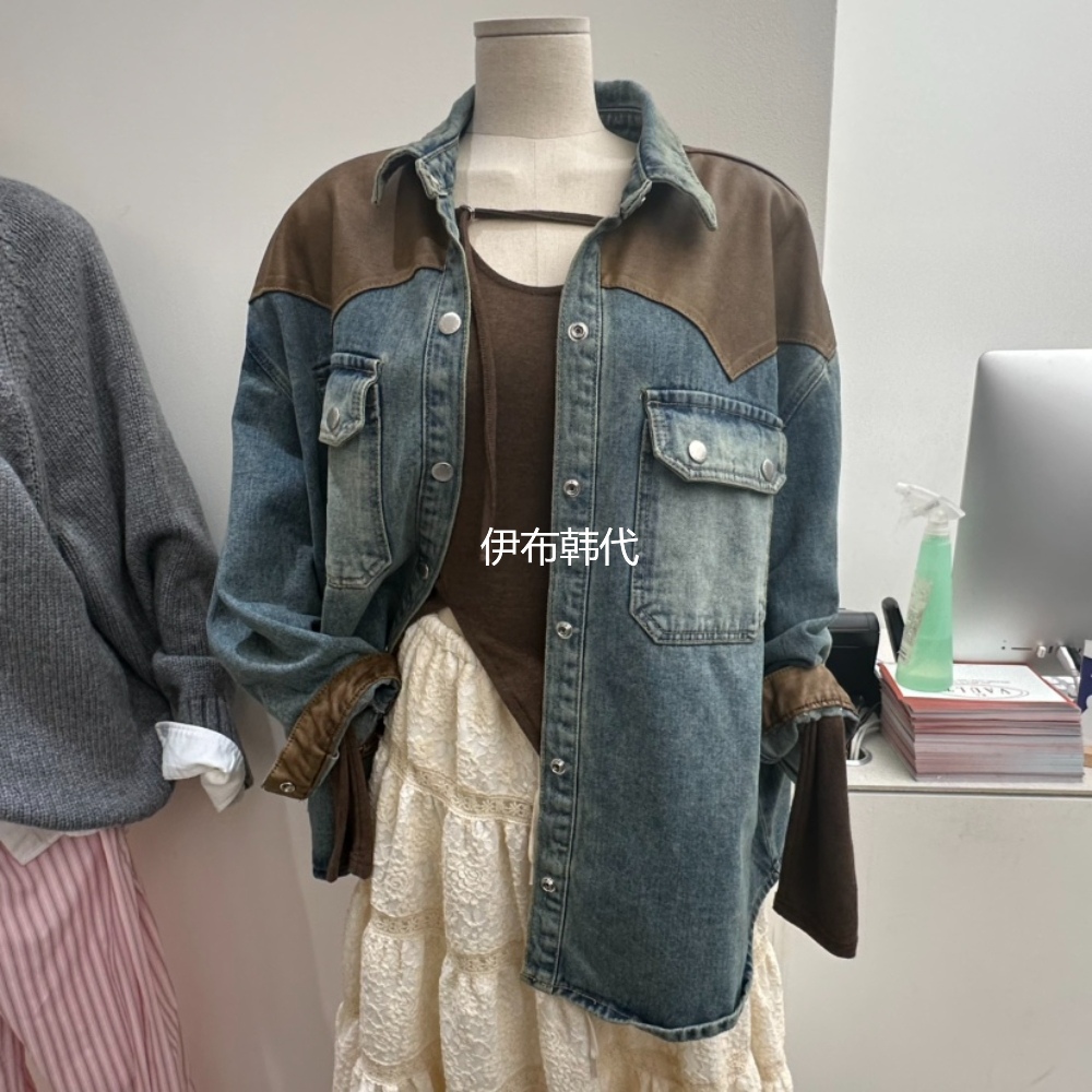 翻领拼接口袋磨白宽松牛仔衬衫