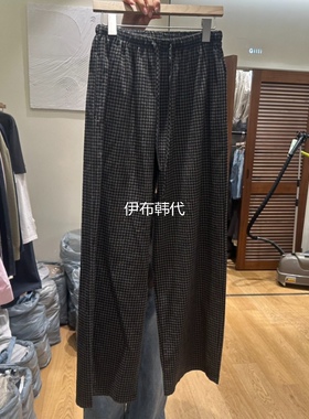 GILLI韩国东大门正品代购26春款 松紧腰抽绳小格子棉布直筒裤