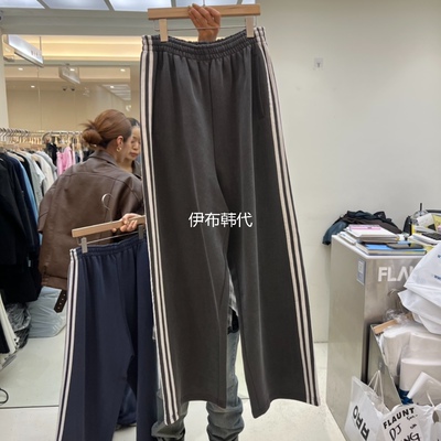 松紧腰条纹裤线直筒裤卫裤女