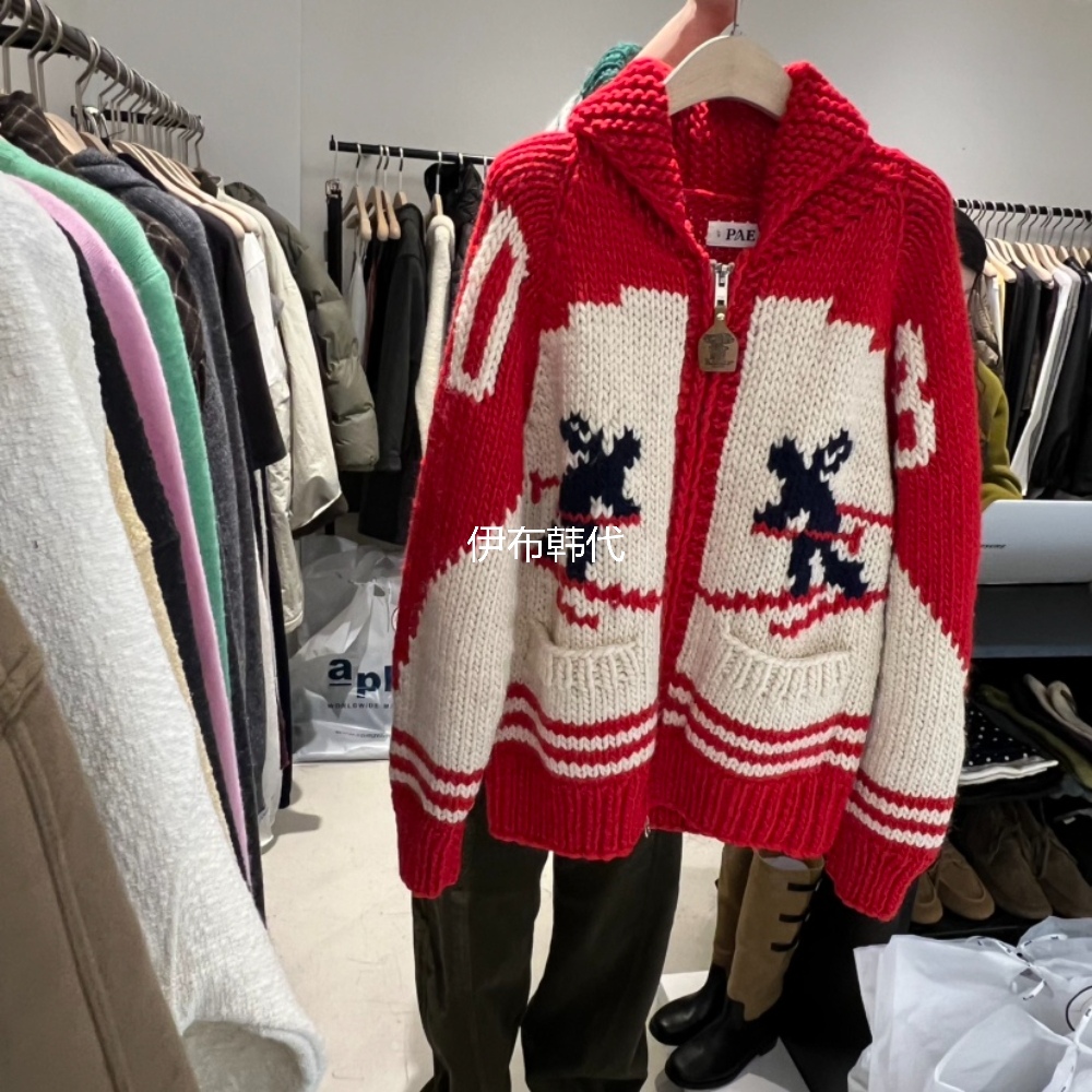 PLATE韩国东大门正品代购25冬 翻领拉链手工棒针羊毛滑雪毛衣外套