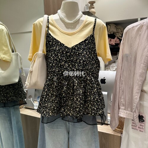 V领碎花后背绑带休闲吊带背心