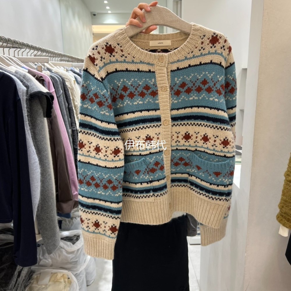 条纹复古羊毛针织开衫毛衣外套