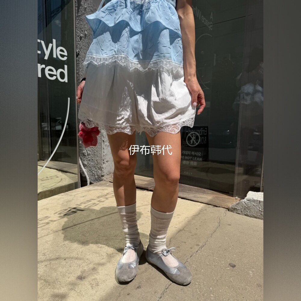 松紧腰蕾丝飞边花边宽松短裤女