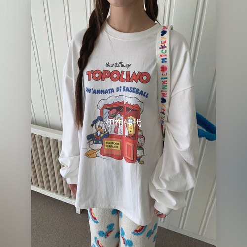 圆领卡通小鸭子宽松长袖T恤女