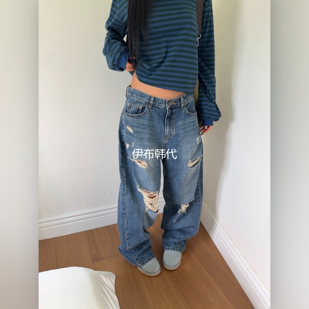 磨破做旧拉丝直筒裤牛仔裤图片