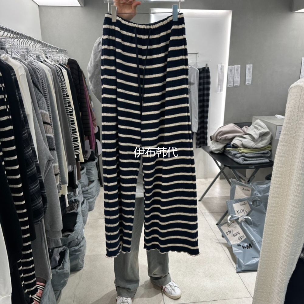 松紧腰抽绳休闲条纹直筒裤长裤