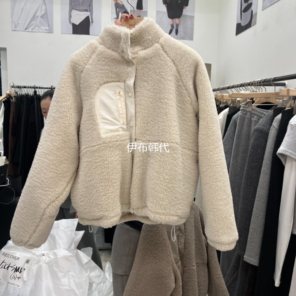 立领纯色仿羊羔毛绒保暖短外套