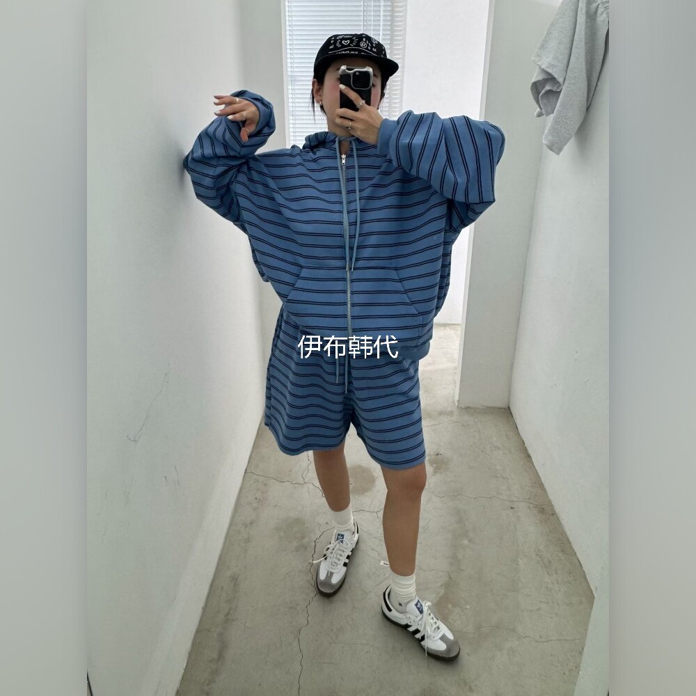 VOTUS韩国东大门正品代购26春 连帽简约条纹拉链卫衣开衫短裤套装