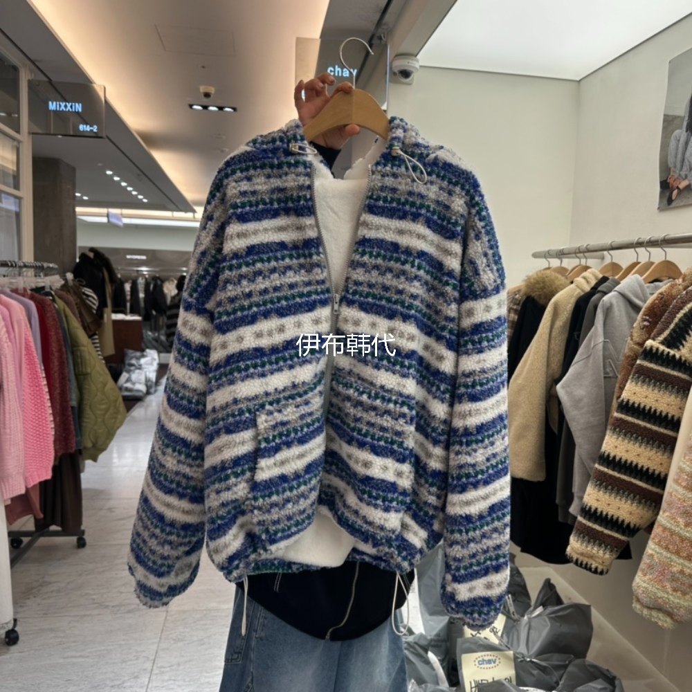 羊羔毛绒条纹拉链毛绒内里外套