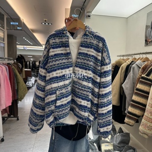 CHAV韩国东大门代购 连帽仿羊羔毛绒条纹拉链毛绒内里保暖外套 冬