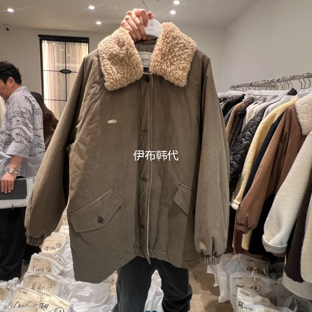 翻领仿羊羔毛领中长棉衣棉服外套