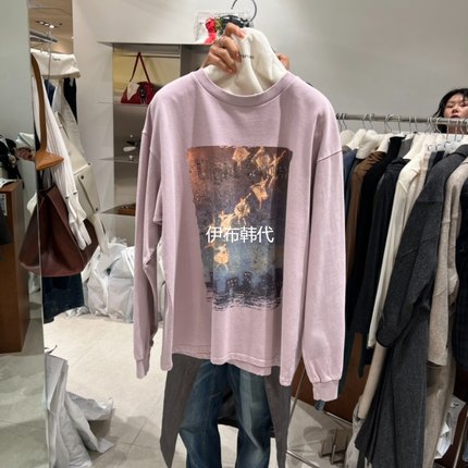 TEMPTING韩国东大门正品代购25秋款 圆领烫钉字母休闲宽松长袖T恤