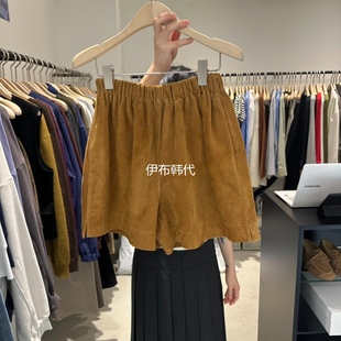 PLATE韩国东大门正品代购25秋款 松紧纯色休闲翻毛皮真皮短裤女