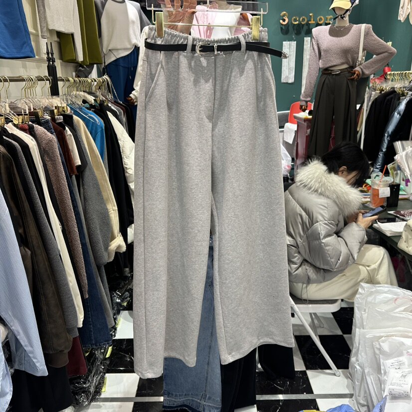 伊布 韩国东大门代购26春款 纯色休闲腰带装饰直筒裤长裤卫裤