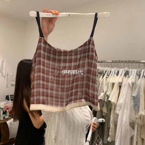 休闲格子飞边花边时尚吊带背心