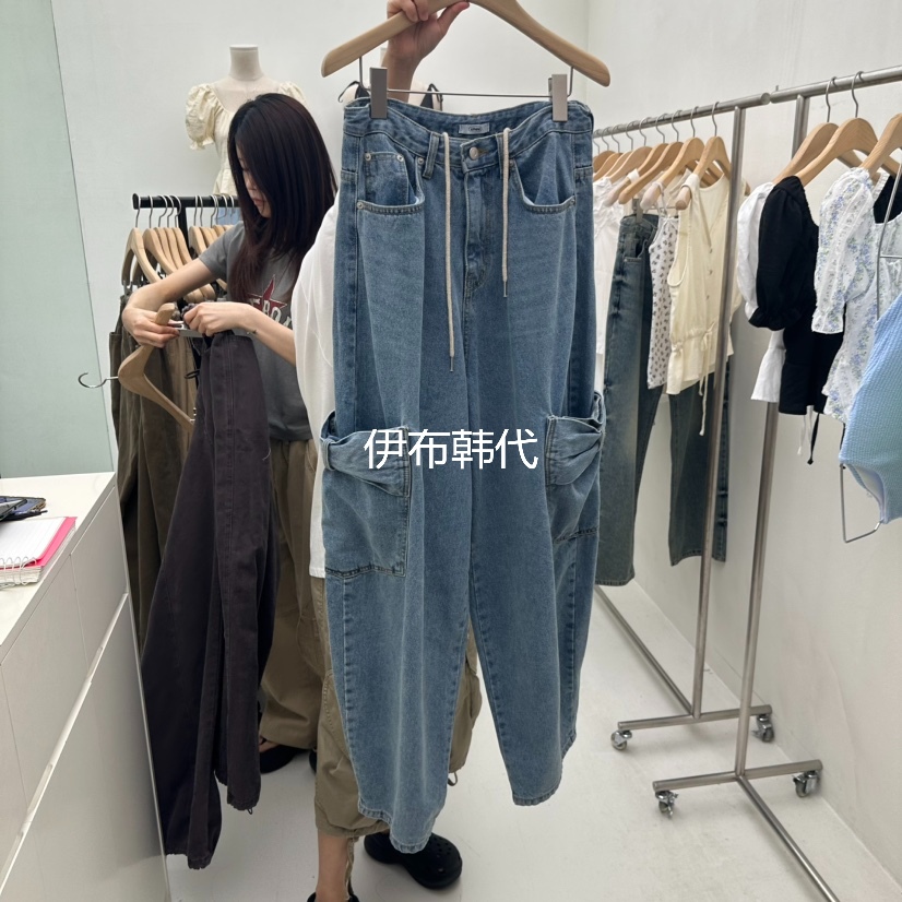 抽绳休闲大口袋蝴蝶结宽松牛仔裤