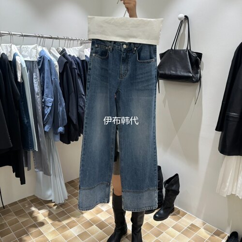 拼色拼接裤脚直筒裤休闲牛仔裤