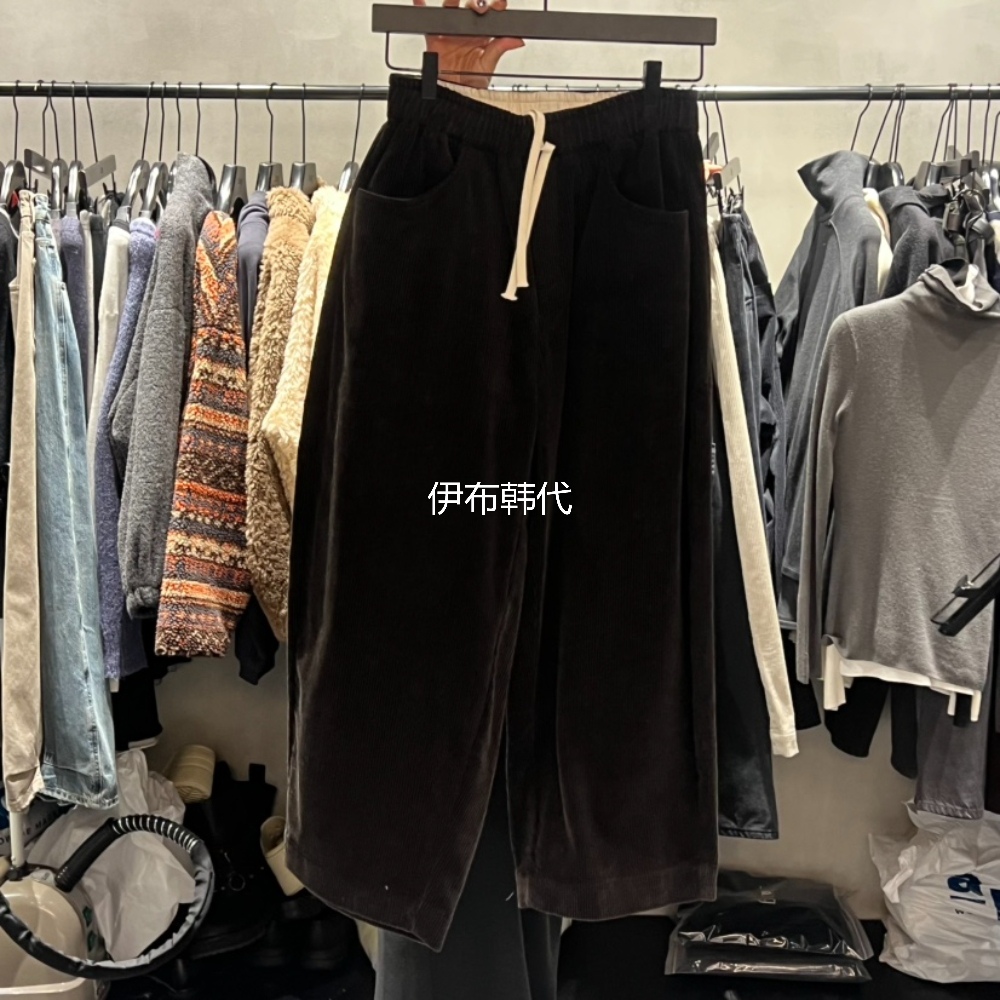 松紧腰抽绳条绒灯芯绒阔腿裤长裤