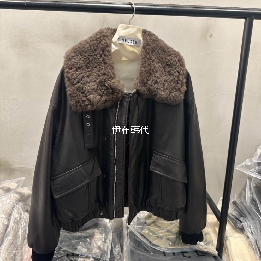HELDER韩国东大门正品代购25冬 羊羔毛领羊毛真皮羽绒夹克短外套