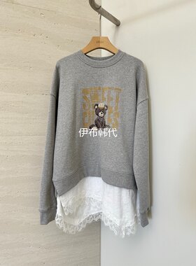 圆领卡通小熊花边裙摆加绒卫衣