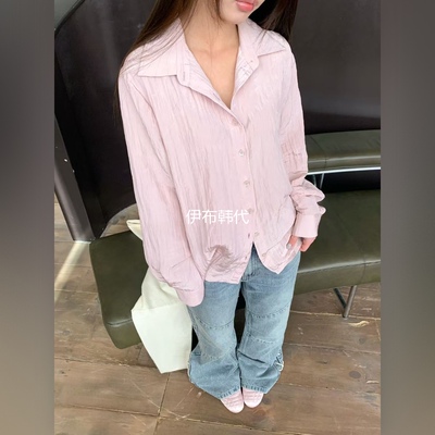 翻领休闲褶皱滑料气质衬衫