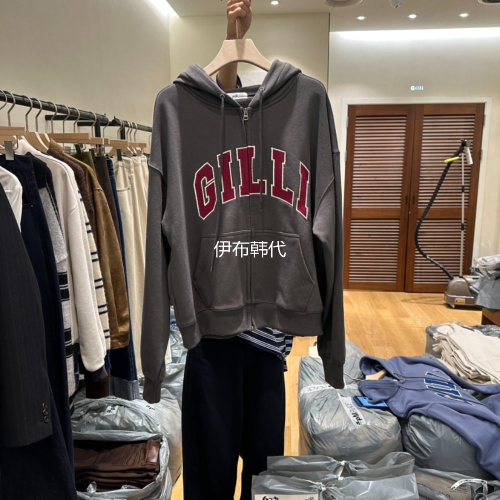 GILLI韩国东大门正品代购25冬款 连帽字母休闲拉链卫衣开衫外套