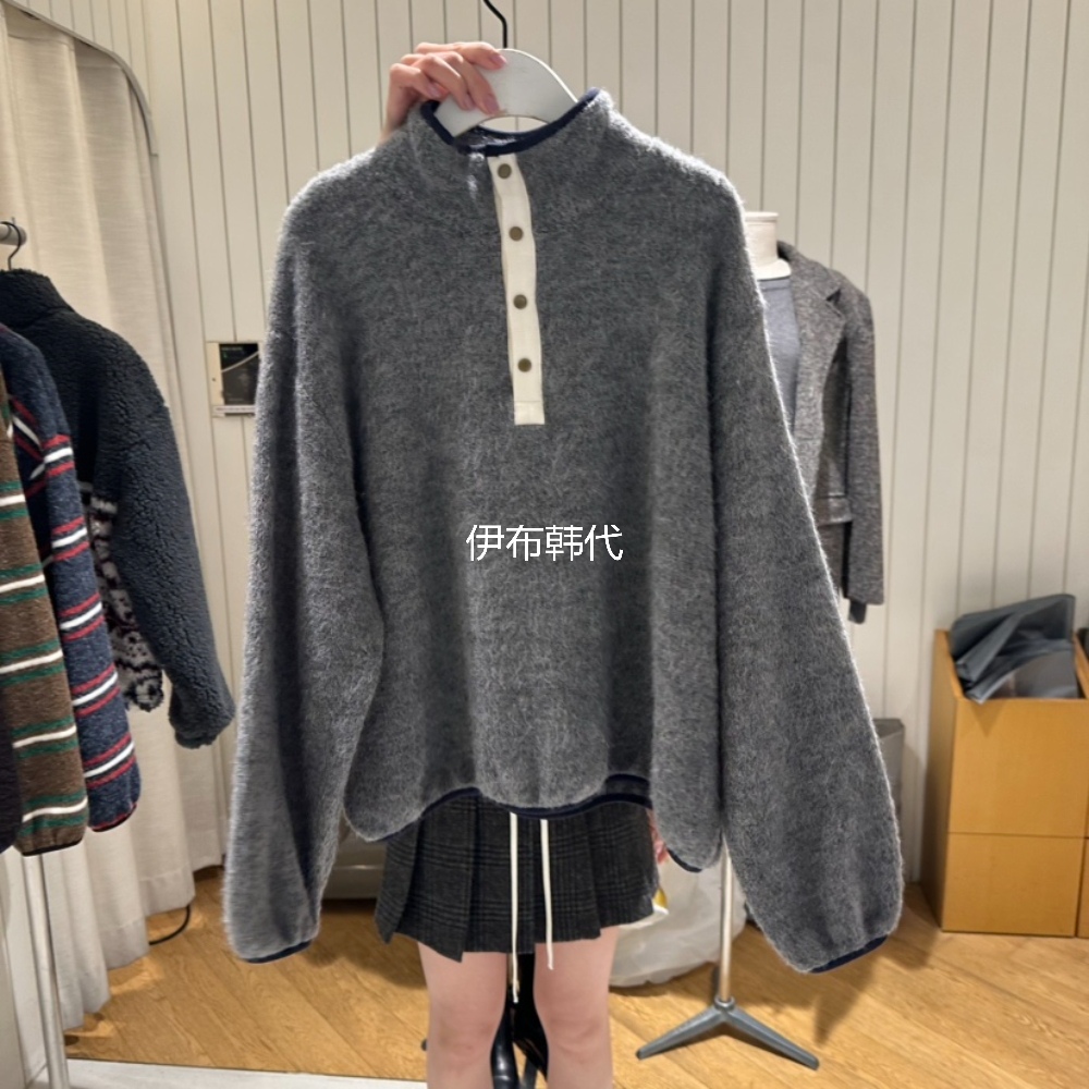 立领纽扣磨毛毛呢套头卫衣外套