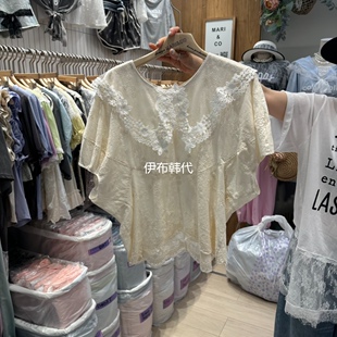 MARI CO韩国东大门代购26夏款 蕾丝领翻领休闲娃娃衫T恤女