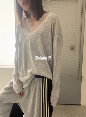 FRANC韩国东大门正品代购冬款 V领蕾丝飞边薄款宽松长袖T恤女