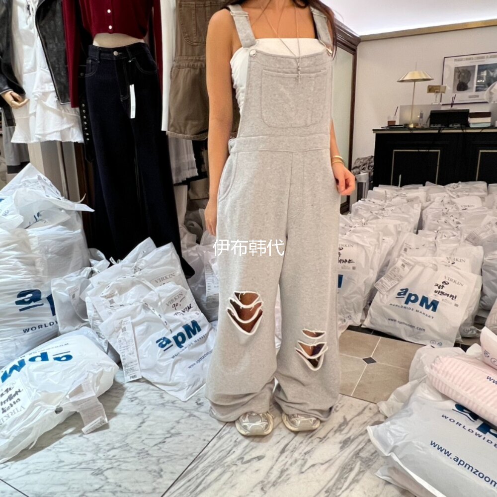 棉质拉丝破洞做旧宽松背带裤长裤